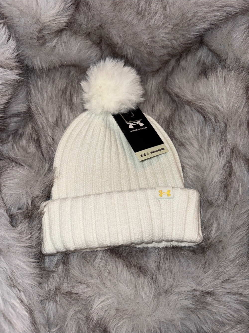 Under Armour Cream Ribbed Pom Beanie
